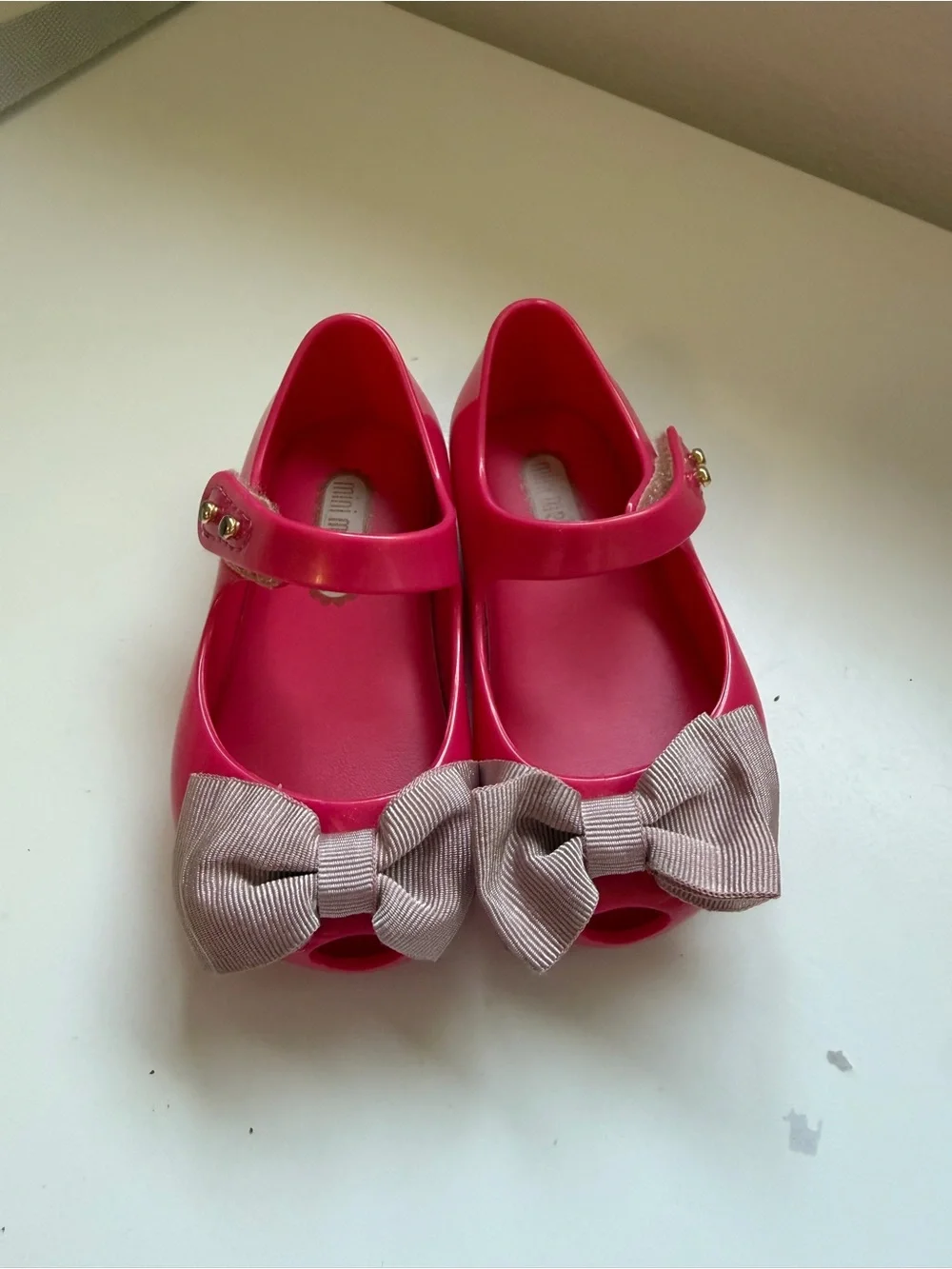 Mini Melissa Hot Pink Mary Jane Sandals with Beige Bows
